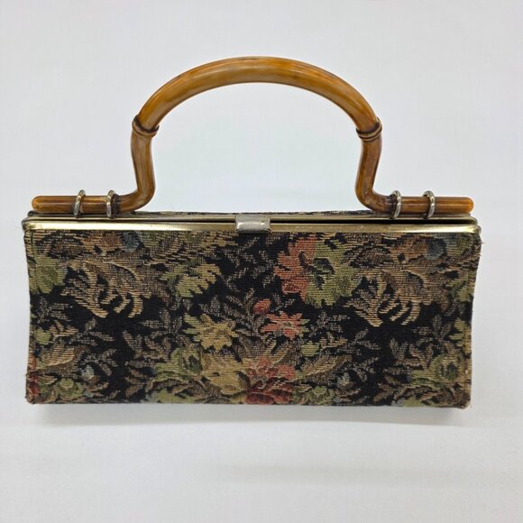 Vintage Floral Tapestry Purse Top Handle Bag Bamboo Style Frame Kiss Lock 1950s - Picture 2 of 12
